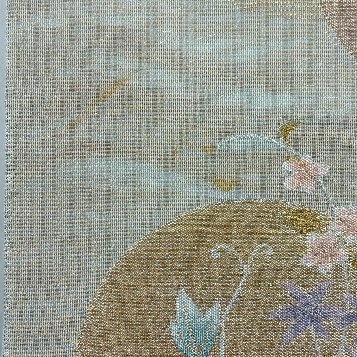 袋帶 秀品級 高山 夏帶 紗 草花紋 圓文 金銀絲 金金箔 淺綠 六通 純蠶絲