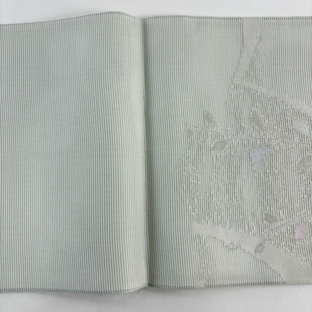 【美品】 袋帶 秀品級 夏帶 絽 草花紋 金金箔 薄綠 六通 純蠶絲