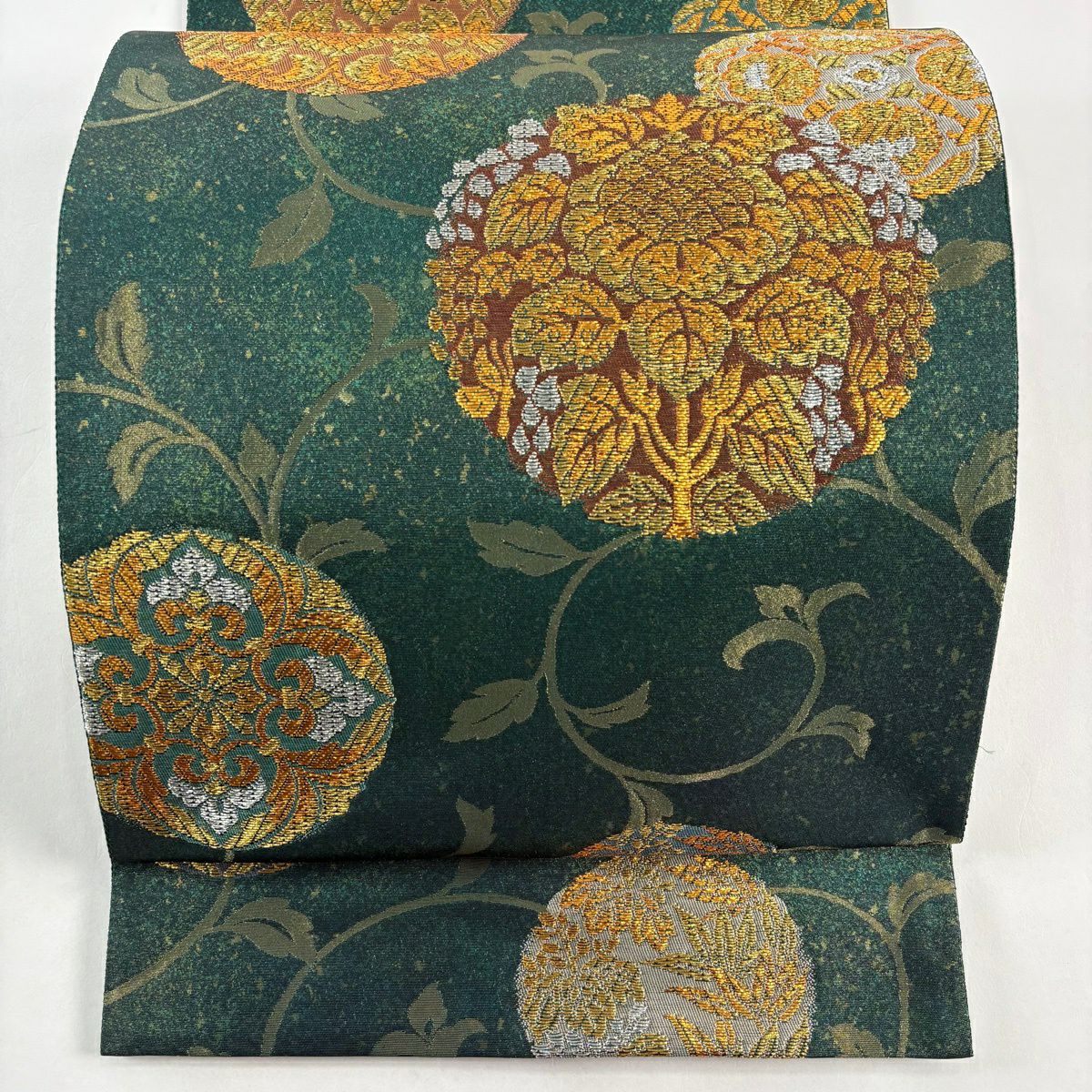 袋帶 秀品級 じゅらく 落款 草花紋 華紋 金銀彩 金金箔 深綠 六通 純蠶絲