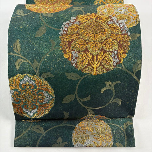 袋帶 秀品級 じゅらく 落款 草花紋 華紋 金銀彩 金金箔 深綠 六通 純蠶絲