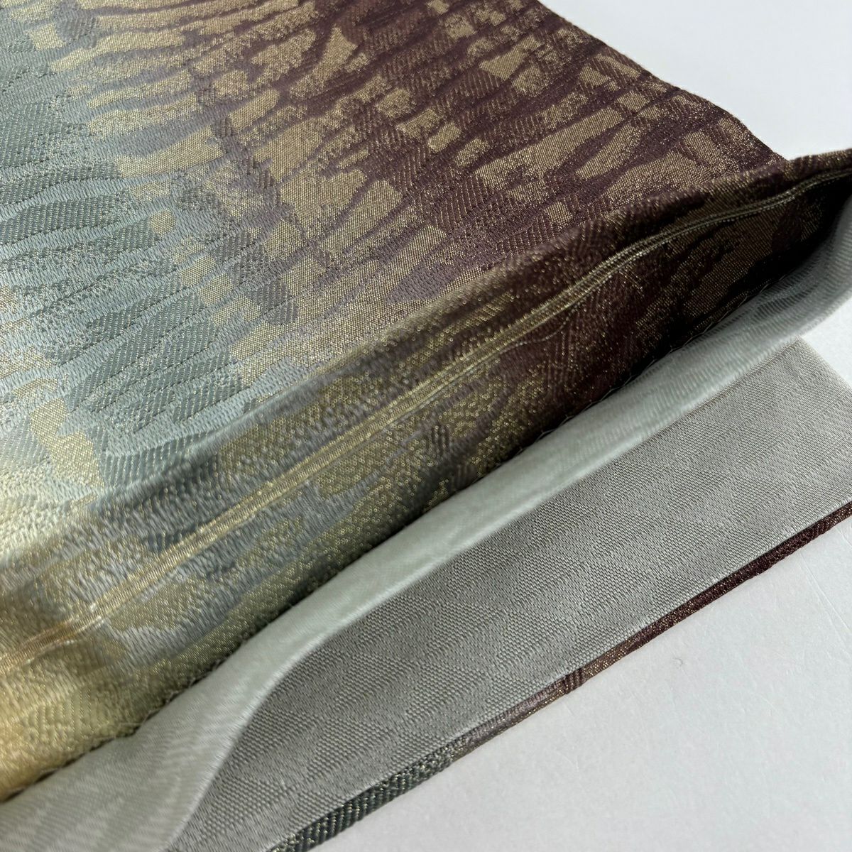 【美品】 袋帶 秀品級 幾何學 金絲 淺茶 全通 純蠶絲