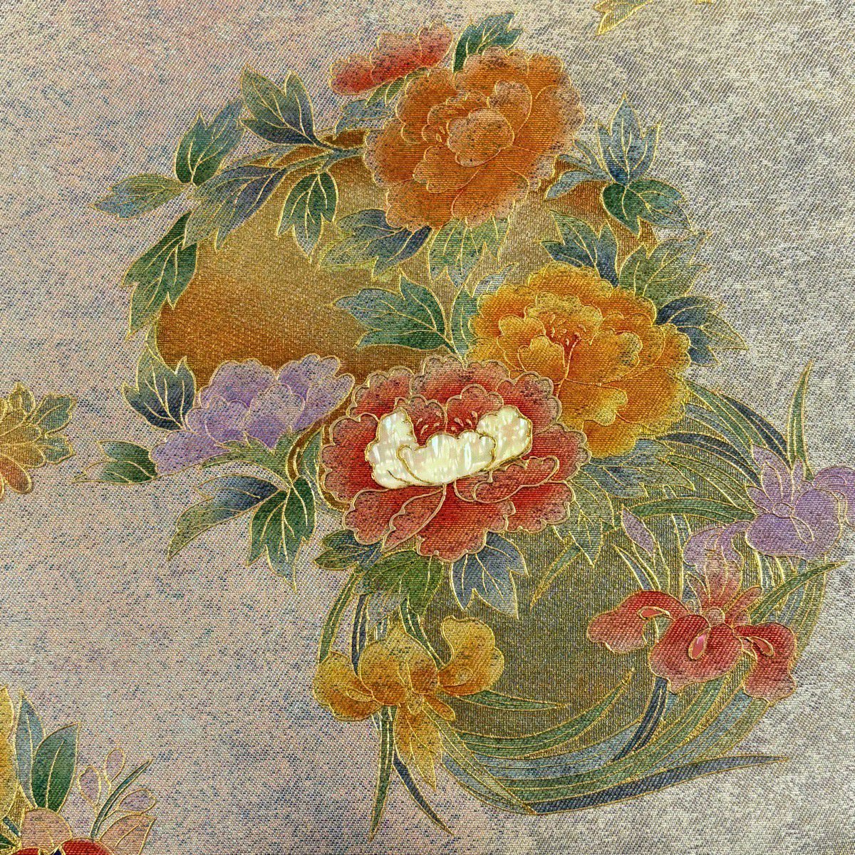 名古屋帶 秀品級 花丸紋 草花紋紋 螺鈿 金金箔 金純蠶絲