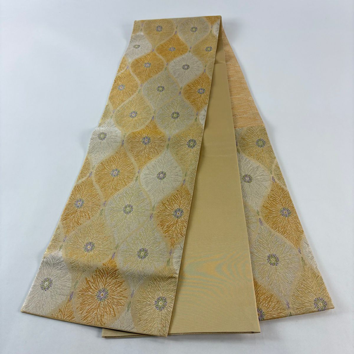 【美品】 袋帶 秀品級 花 立涌 金銀糸 金金箔 金色 六通 純蠶絲