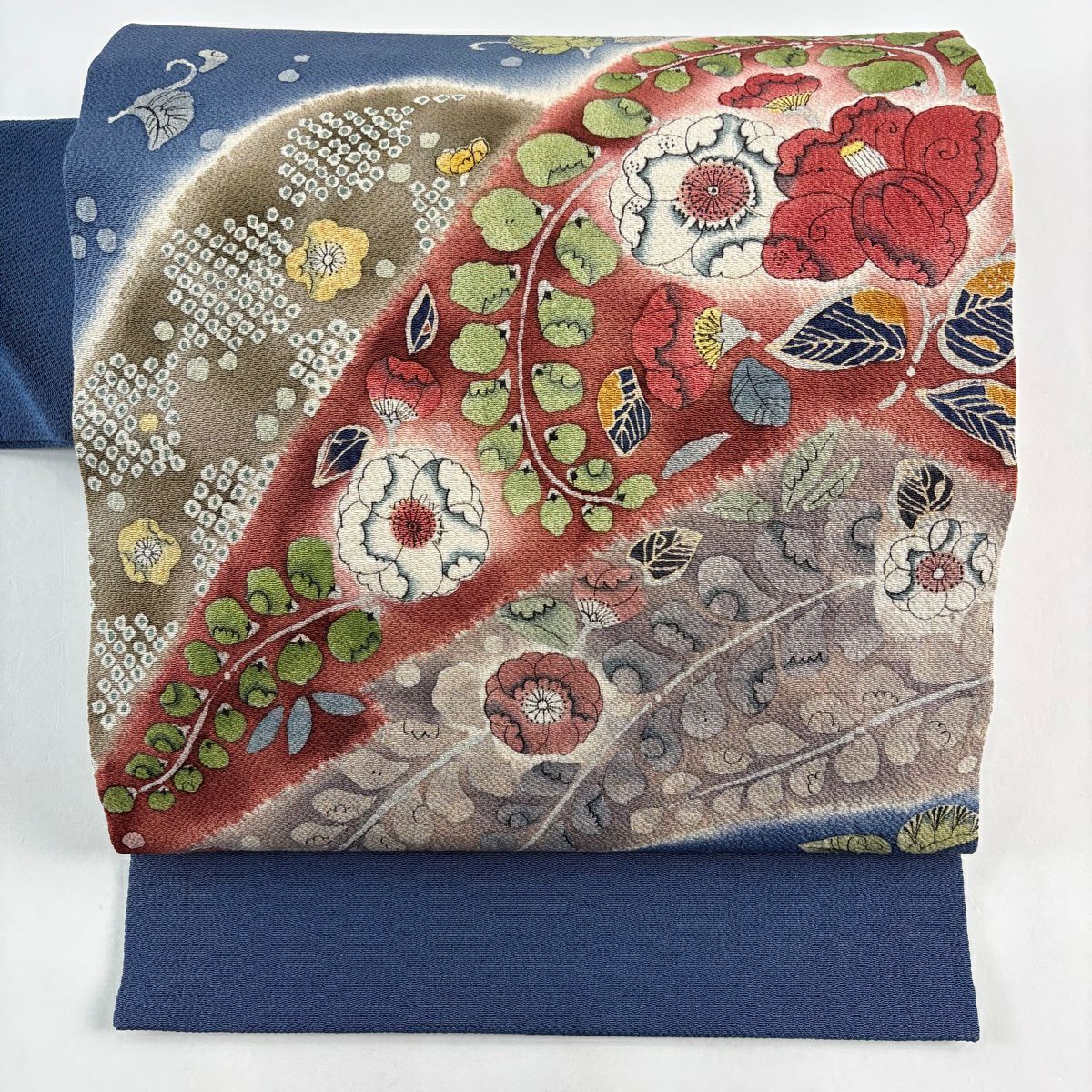 名古屋帶 秀品級 附有落款 辻花染 草花紋紋 縮緬 深紅 純蠶絲