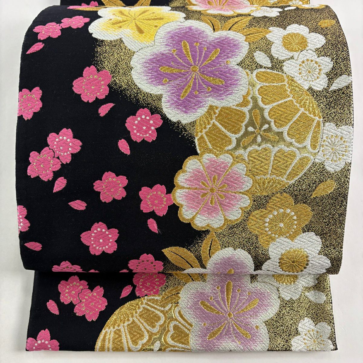 【美品】 袋帶 秀品級 櫻花 金銀彩 金金箔 黑 六通 純蠶絲