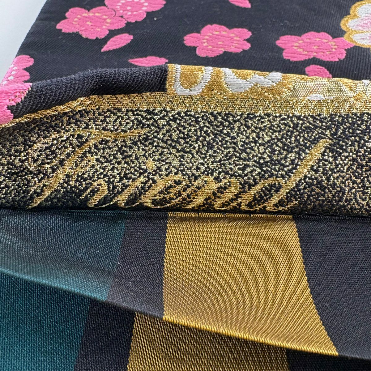 【美品】 袋帶 秀品級 櫻花 金銀彩 金金箔 黑 六通 純蠶絲