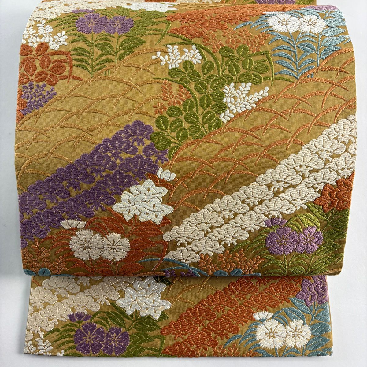 袋帶 秀品級 秋草 山吹 深黃 六通 純蠶絲
