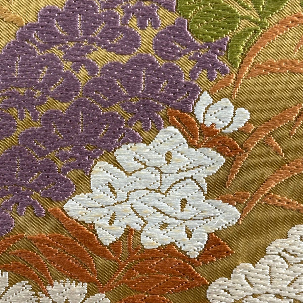 袋帶 秀品級 秋草 山吹 深黃 六通 純蠶絲