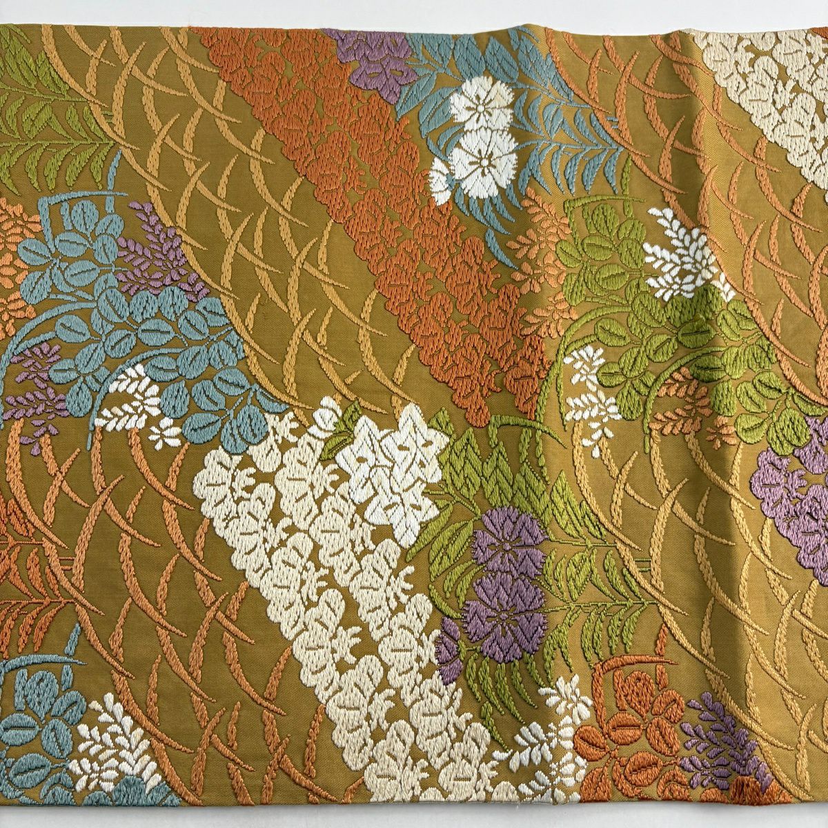 袋帶 秀品級 秋草 山吹 深黃 六通 純蠶絲