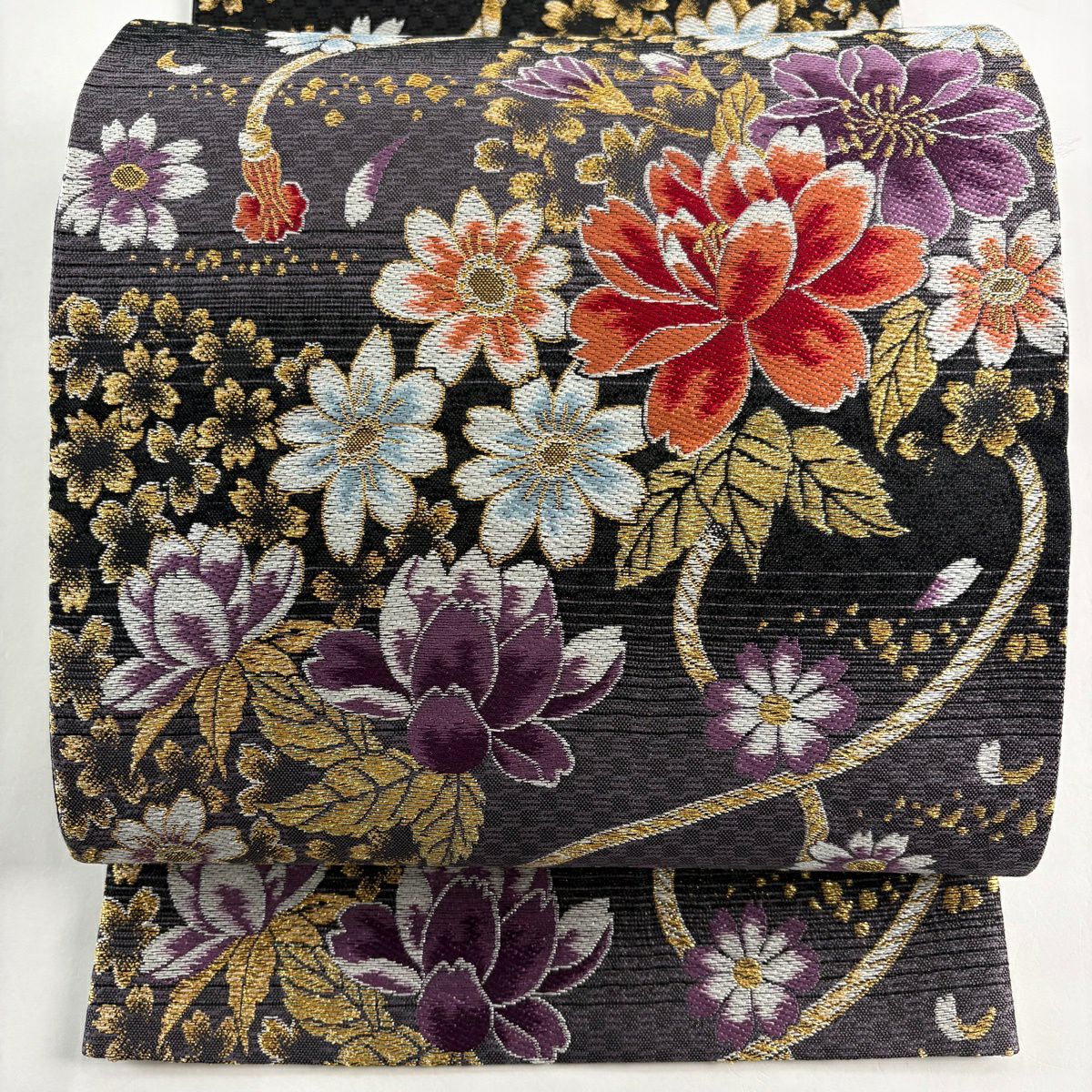【美品】 袋帶 秀品級 草花紋紋 組紐 金糸 墨 深藍 六通 純蠶絲