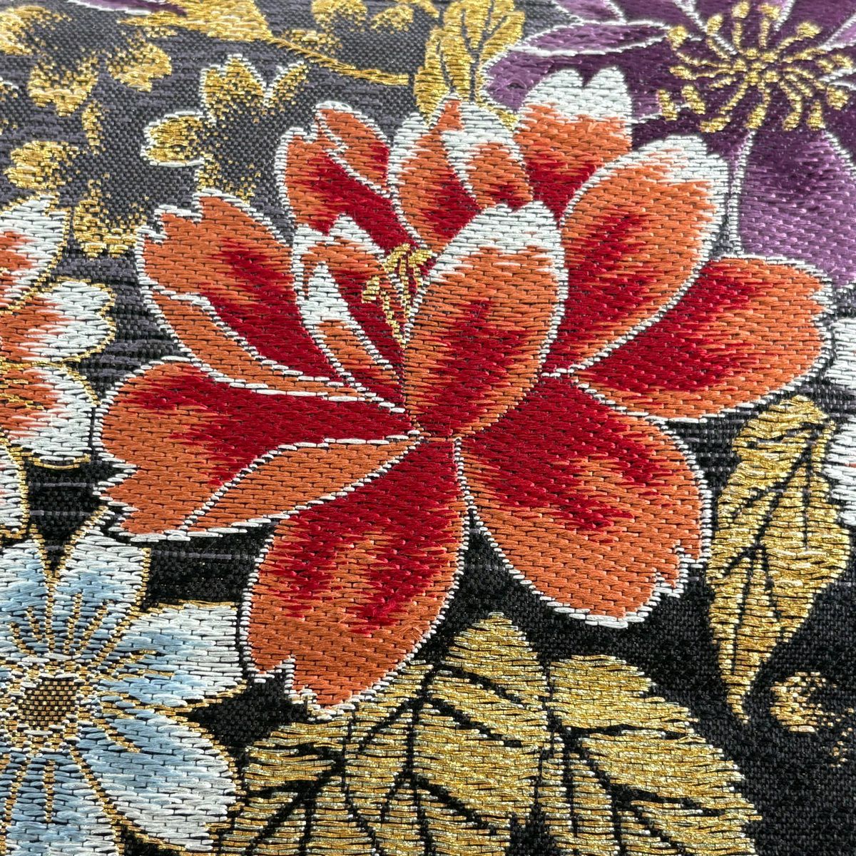 【美品】 袋帶 秀品級 草花紋紋 組紐 金糸 墨 深藍 六通 純蠶絲
