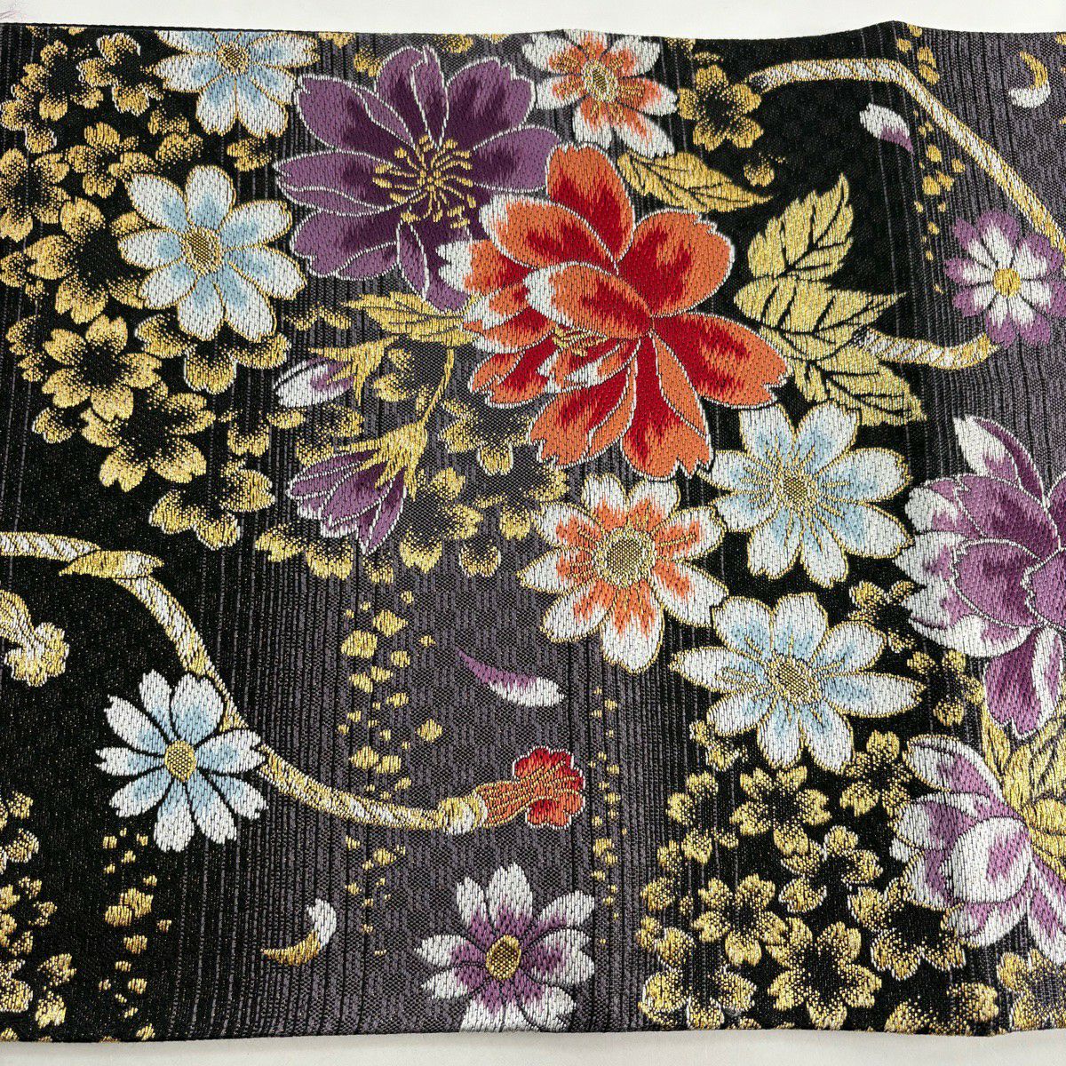 【美品】 袋帶 秀品級 草花紋紋 組紐 金糸 墨 深藍 六通 純蠶絲