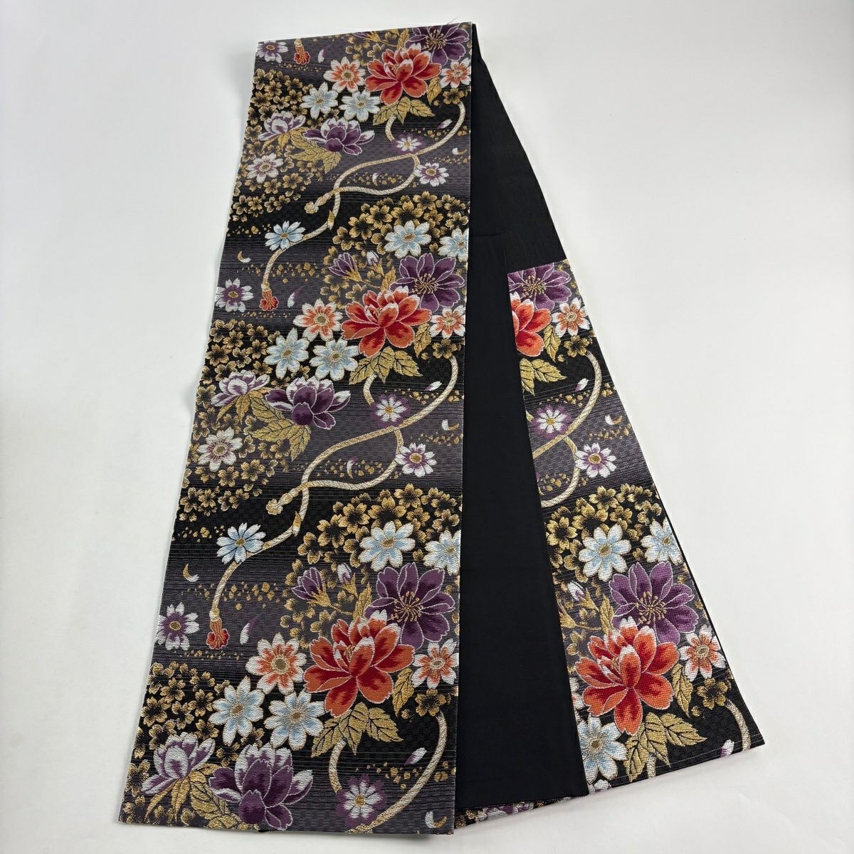 【美品】 袋帶 秀品級 草花紋紋 組紐 金糸 墨 深藍 六通 純蠶絲