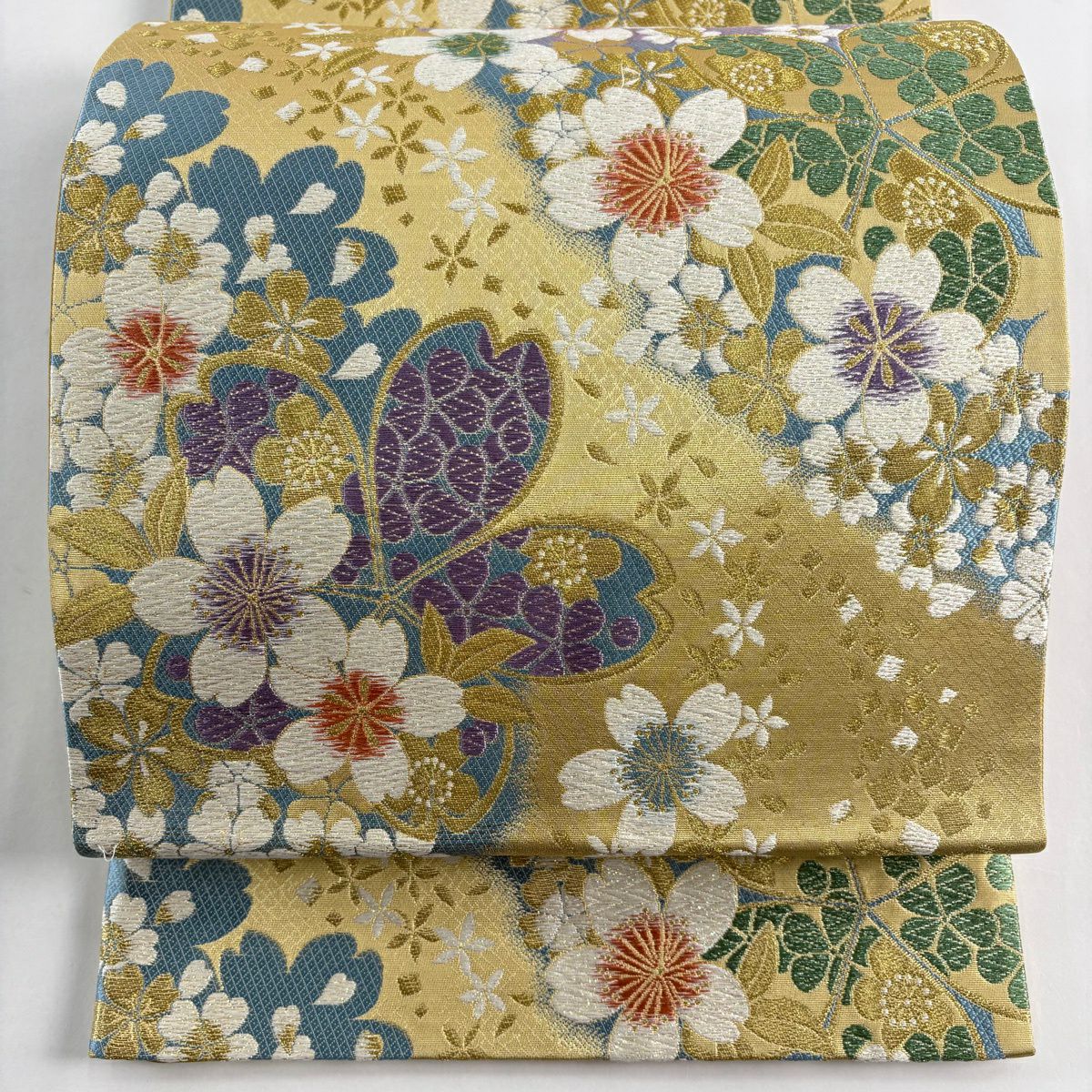 【美品】 袋帶 秀品級 櫻花 金銀絲 唐織 金色 六通 純蠶絲
