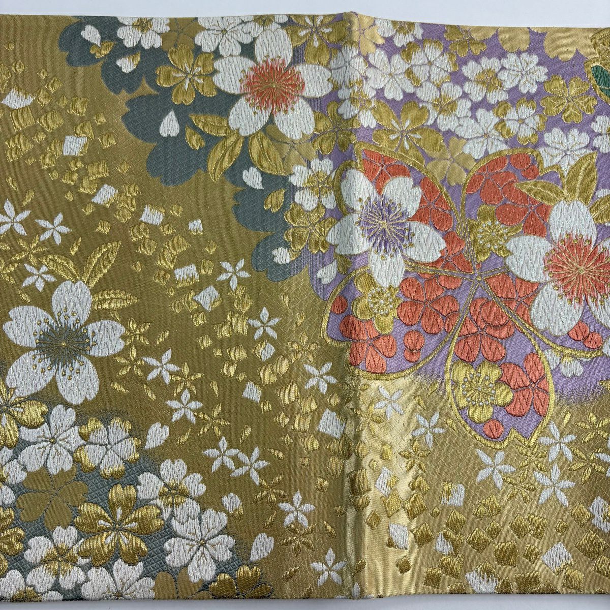 【美品】 袋帶 秀品級 櫻花 金銀絲 唐織 金色 六通 純蠶絲