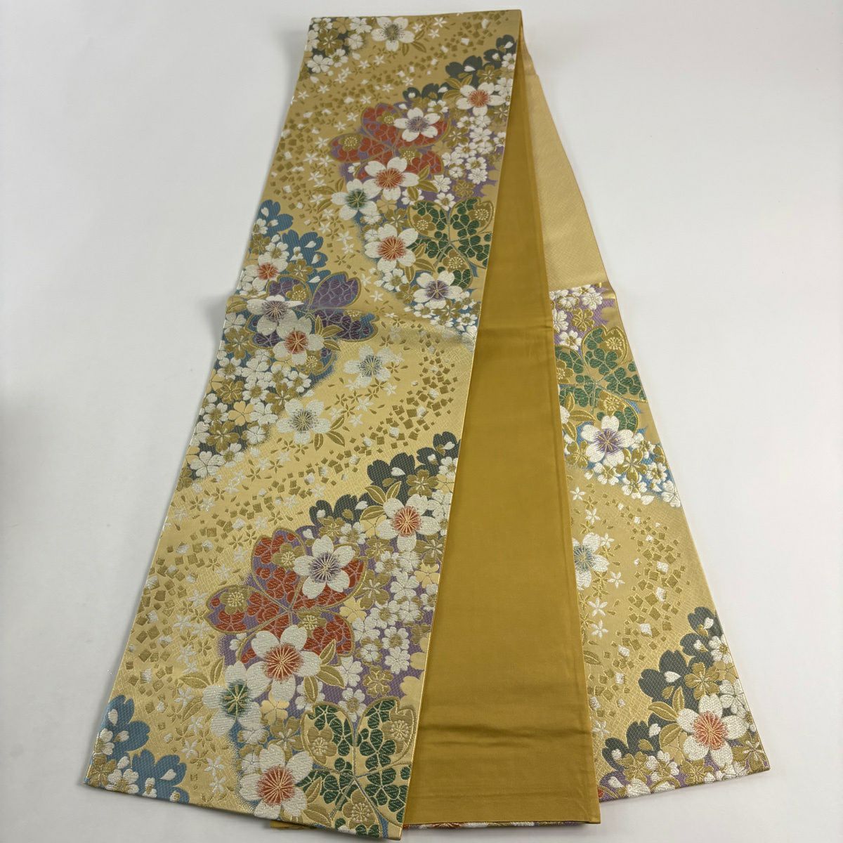 【美品】 袋帶 秀品級 櫻花 金銀絲 唐織 金色 六通 純蠶絲