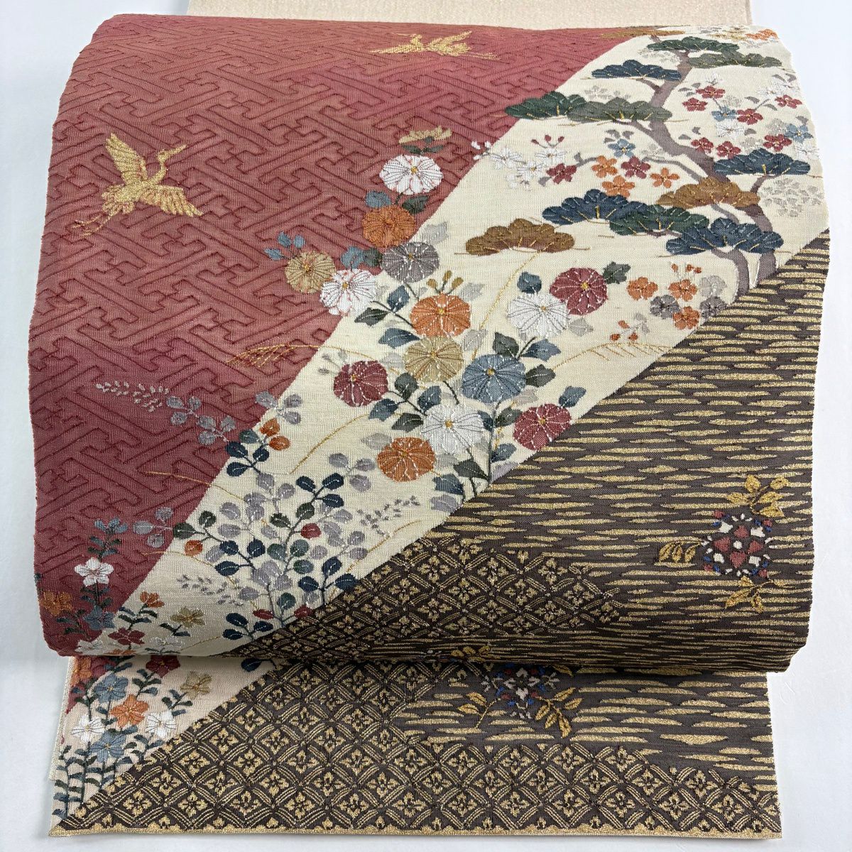 【美品】 袋帶 秀品級 秋草 仙鶴 金絲 奶油色 大鼓圖案 純蠶絲