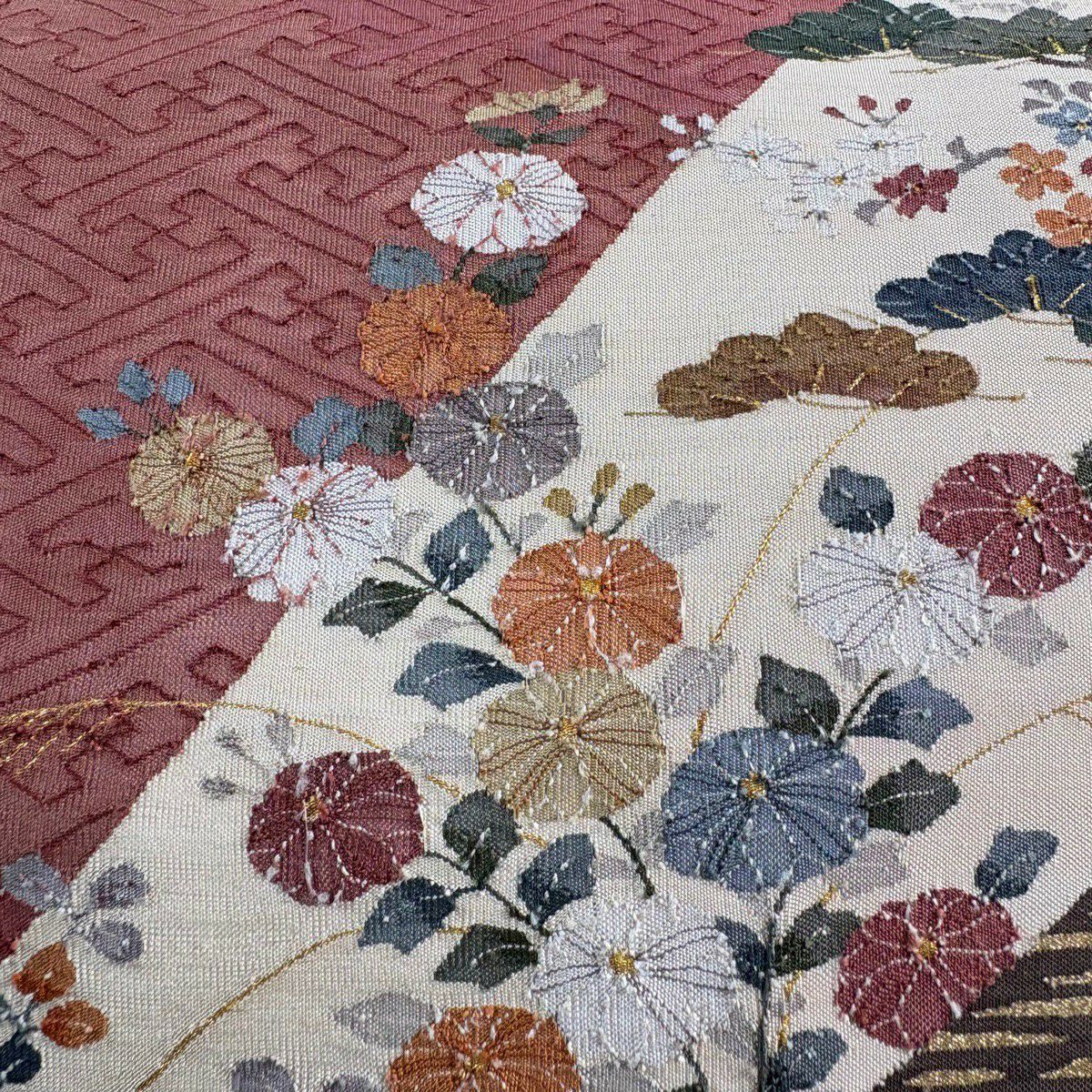 【美品】 袋帶 秀品級 秋草 仙鶴 金絲 奶油色 大鼓圖案 純蠶絲