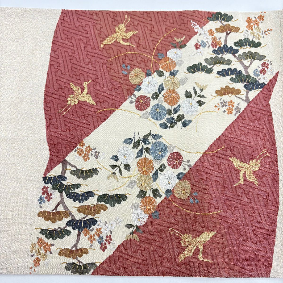 【美品】 袋帶 秀品級 秋草 仙鶴 金絲 奶油色 大鼓圖案 純蠶絲