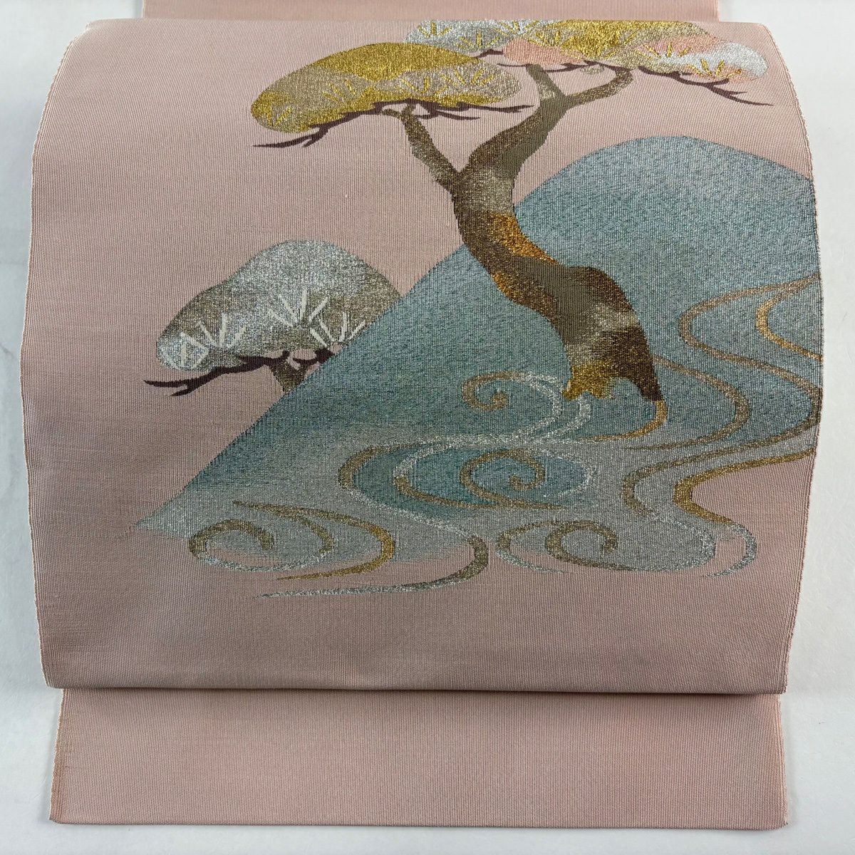 名古屋帶 秀品級 八寸名古屋帶 松樹葉仕立 松樹 流水 金銀彩 綴織 粉紅 純蠶絲