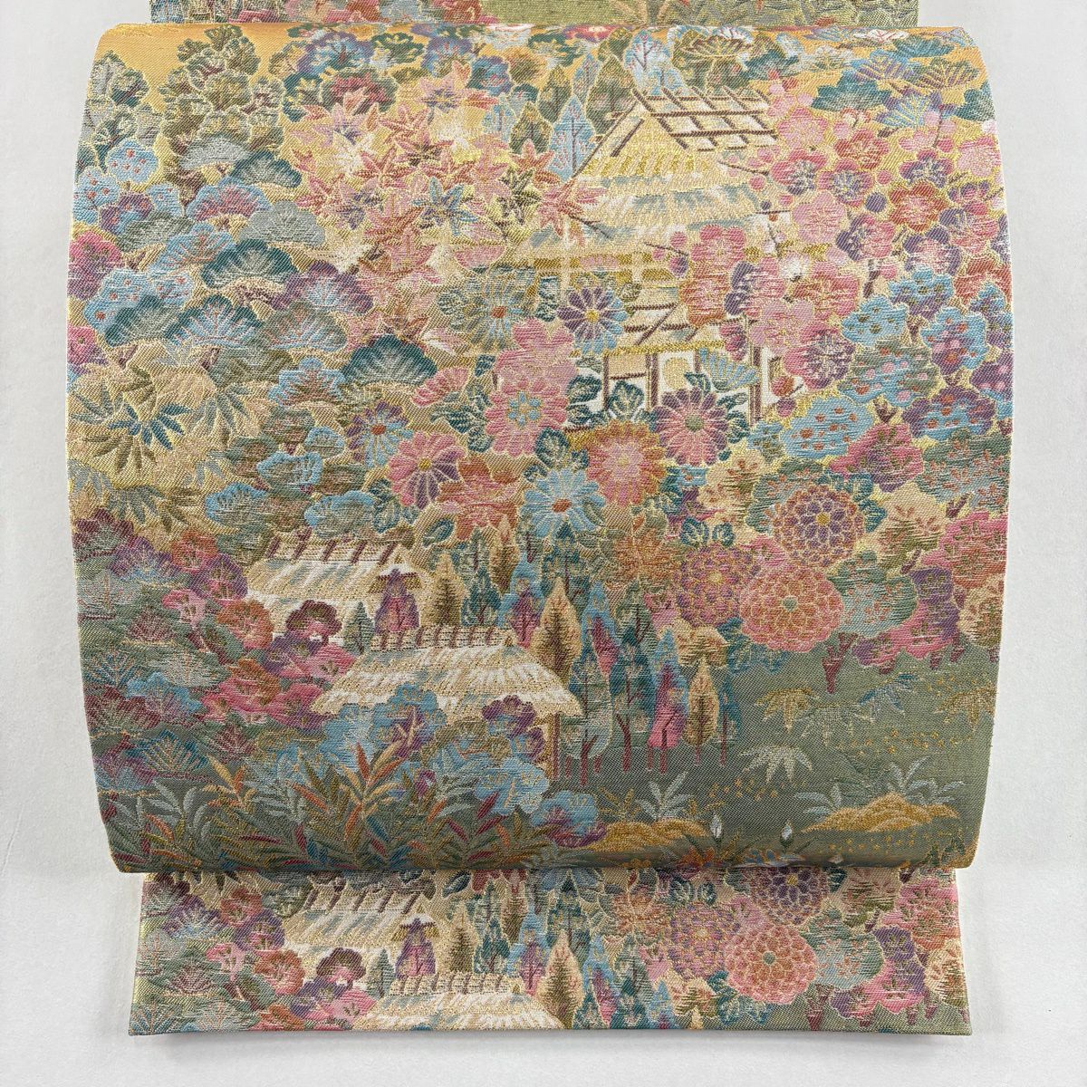 【美品】 袋帶 秀品級 草苑加賀 松樹竹子梅花 家屋 金金箔 金絲 金色 全通 純蠶絲