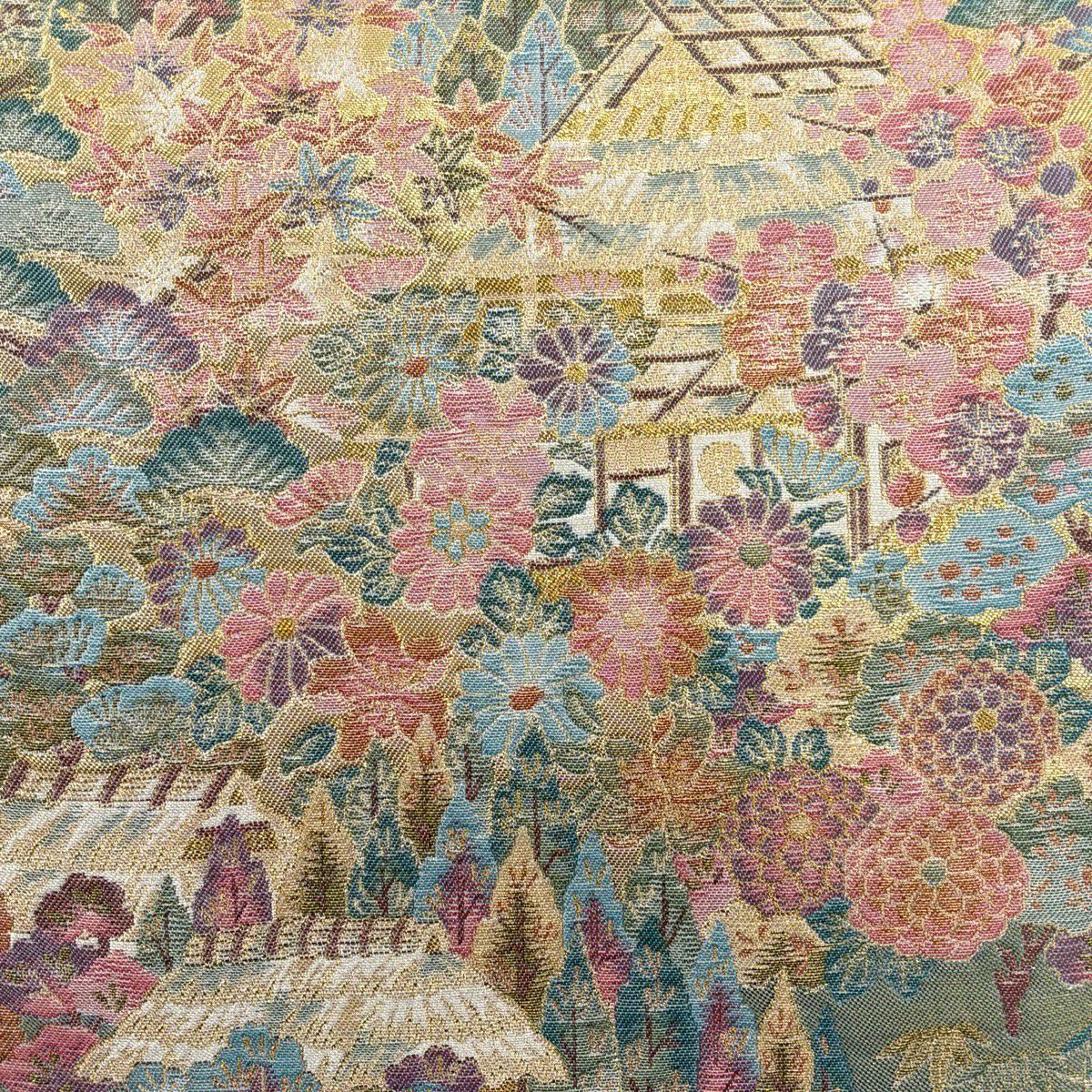 【美品】 袋帶 秀品級 草苑加賀 松樹竹子梅花 家屋 金金箔 金絲 金色 全通 純蠶絲