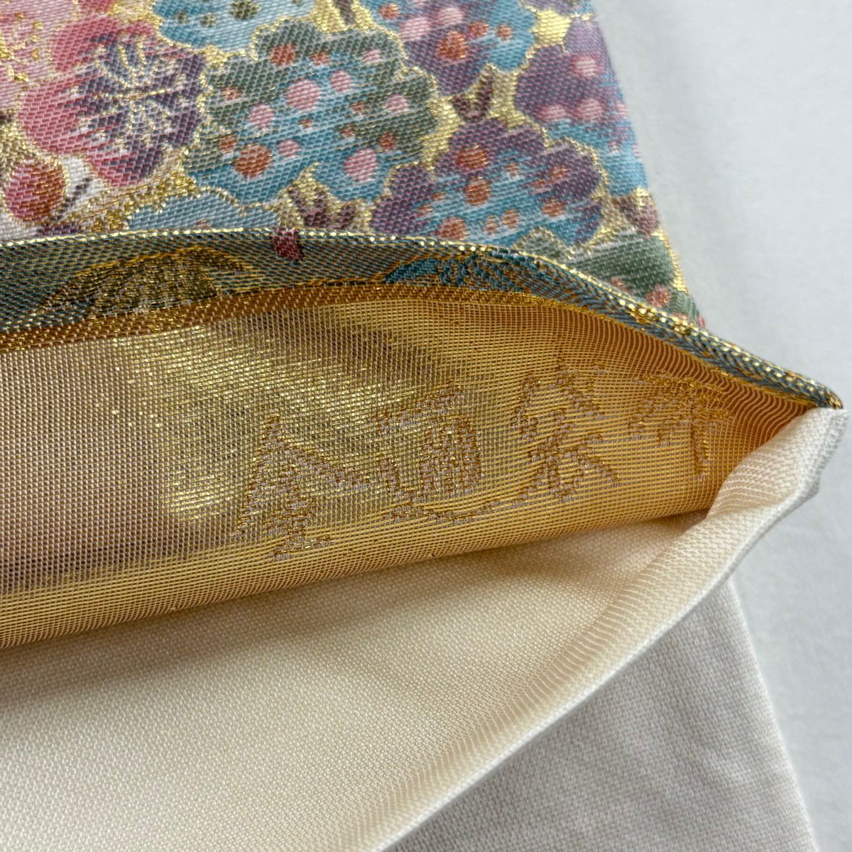【美品】 袋帶 秀品級 草苑加賀 松樹竹子梅花 家屋 金金箔 金絲 金色 全通 純蠶絲