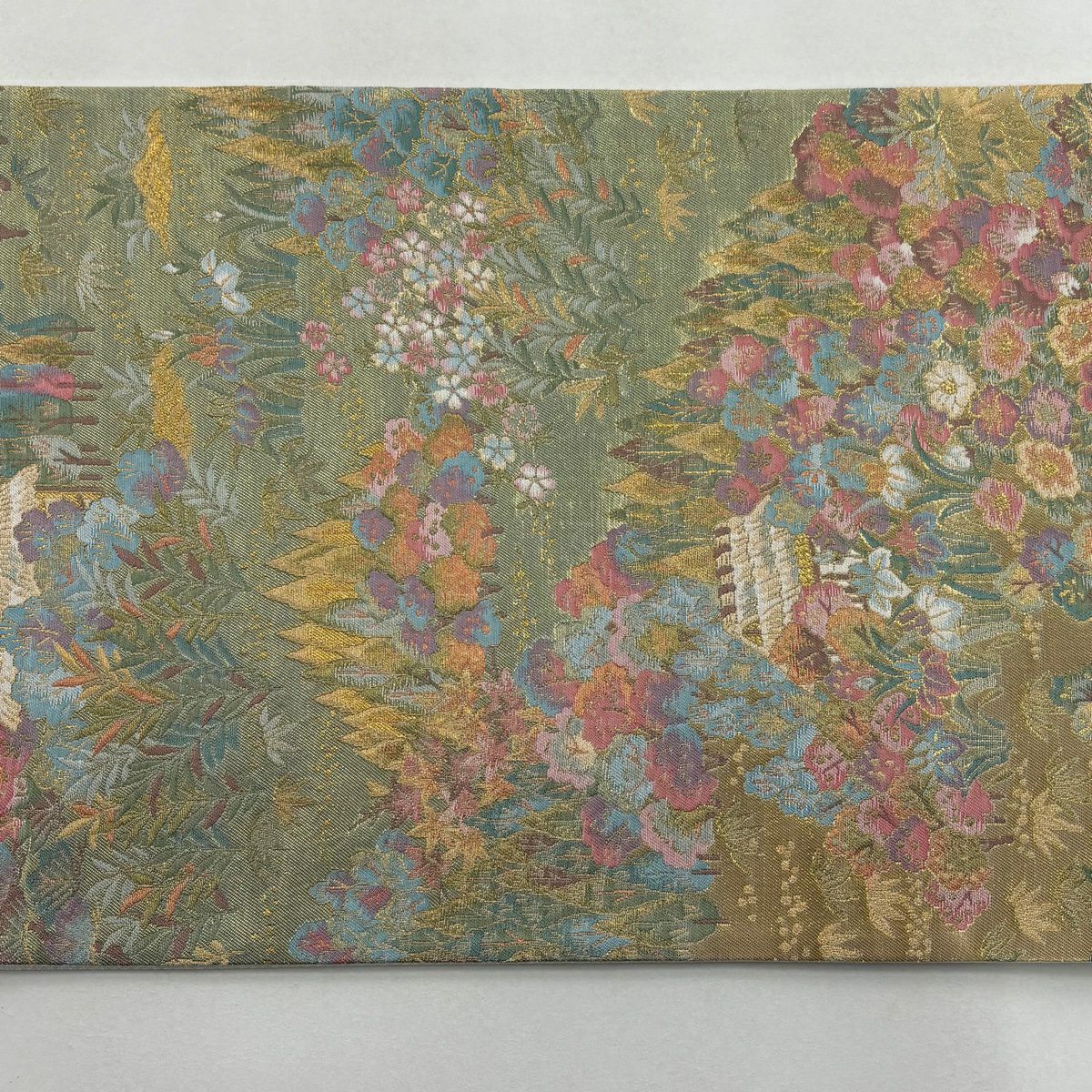 【美品】 袋帶 秀品級 草苑加賀 松樹竹子梅花 家屋 金金箔 金絲 金色 全通 純蠶絲