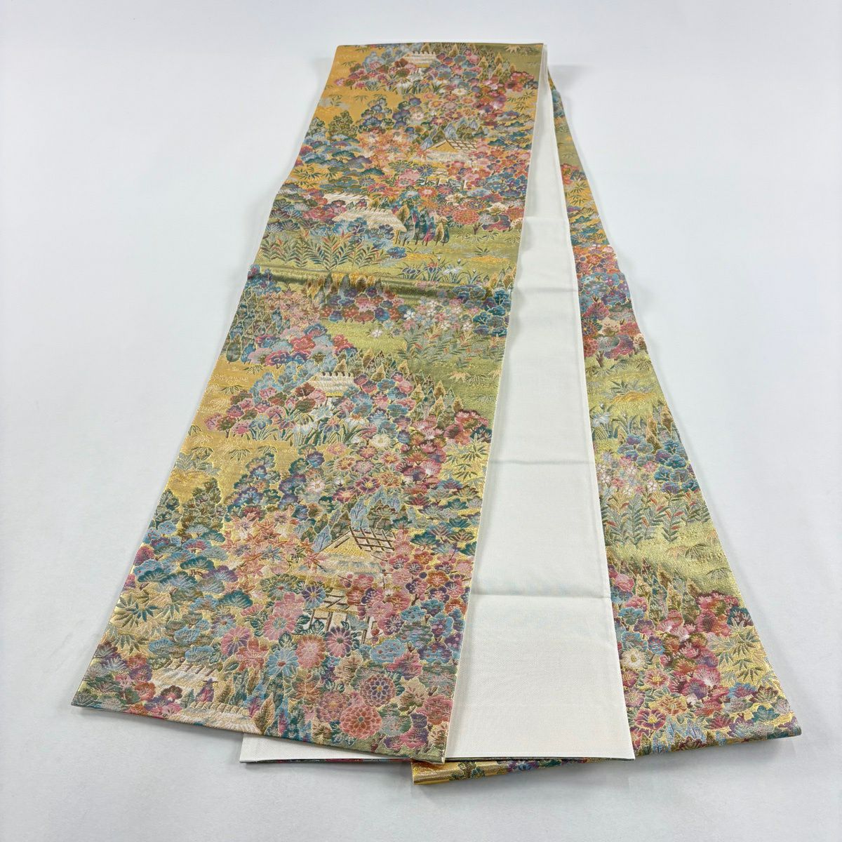 【美品】 袋帶 秀品級 草苑加賀 松樹竹子梅花 家屋 金金箔 金絲 金色 全通 純蠶絲