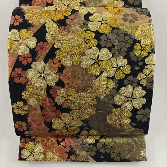 袋帶 秀品級 振袖禮服禮服用 櫻花 蝴蝶 金金箔 黑 六通 純蠶絲