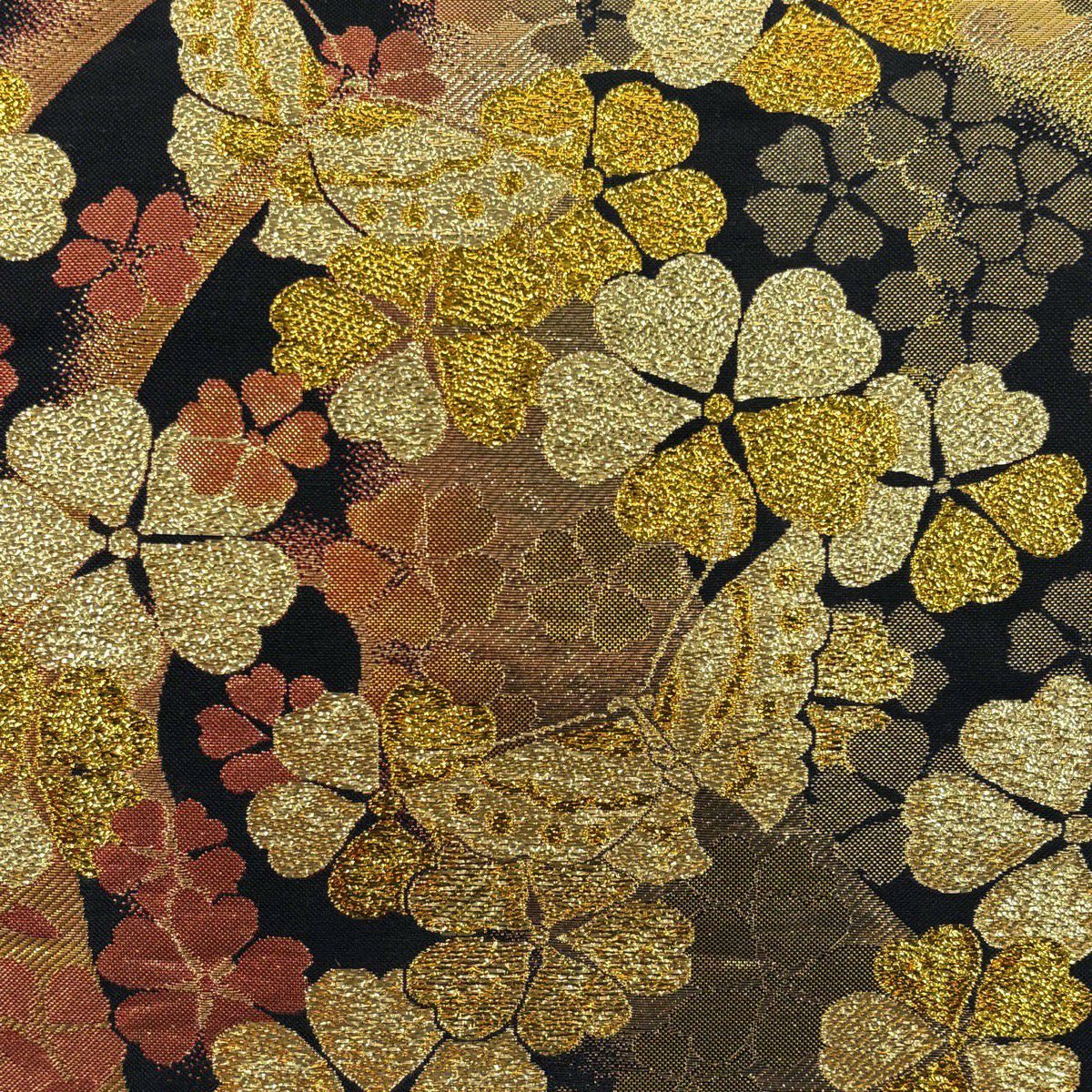 袋帶 秀品級 振袖禮服禮服用 櫻花 蝴蝶 金金箔 黑 六通 純蠶絲