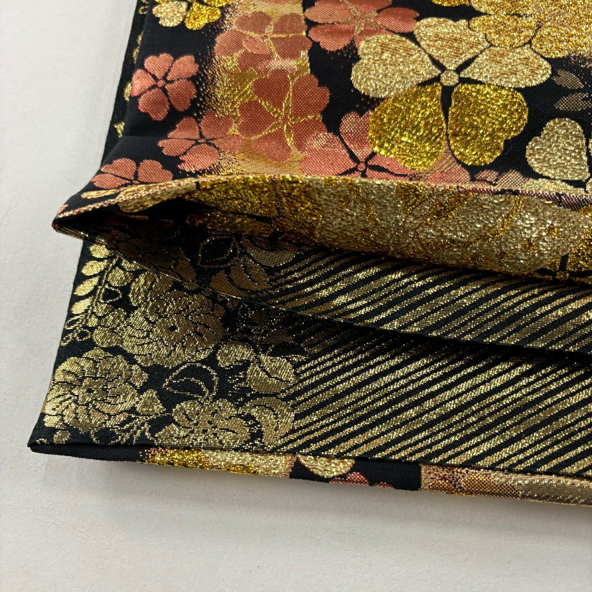 袋帶 秀品級 振袖禮服禮服用 櫻花 蝴蝶 金金箔 黑 六通 純蠶絲