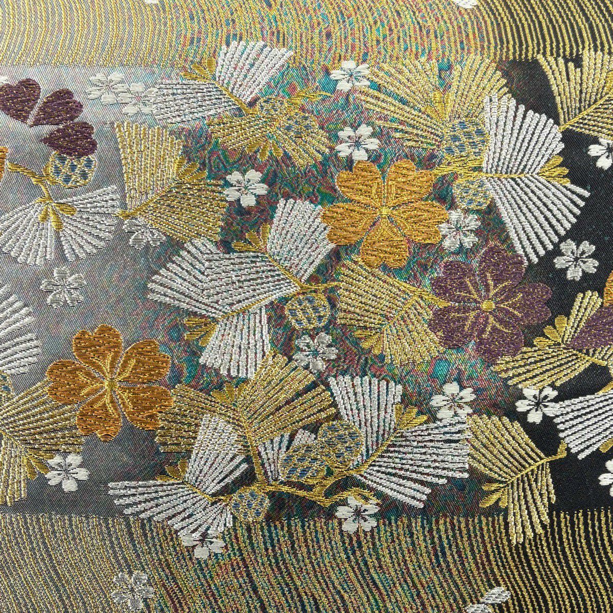 【美品】 袋帶 秀品級 波松樹葉紋 若松樹 櫻花 金銀線 金金箔 灰色 六通 純蠶絲