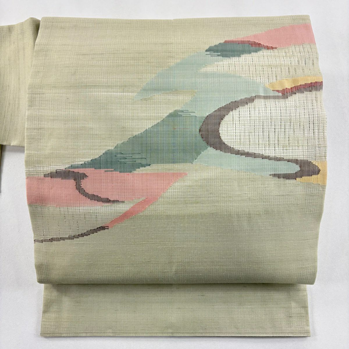 【美品】 名古屋帶 秀品級 夏帶 流水 幾何圖案 灰綠 純蠶絲