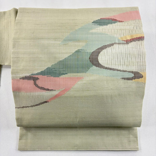 【美品】 名古屋帶 秀品級 夏帶 流水 幾何圖案 灰綠 純蠶絲
