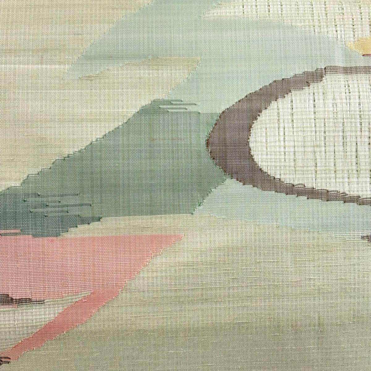【美品】 名古屋帶 秀品級 夏帶 流水 幾何圖案 灰綠 純蠶絲