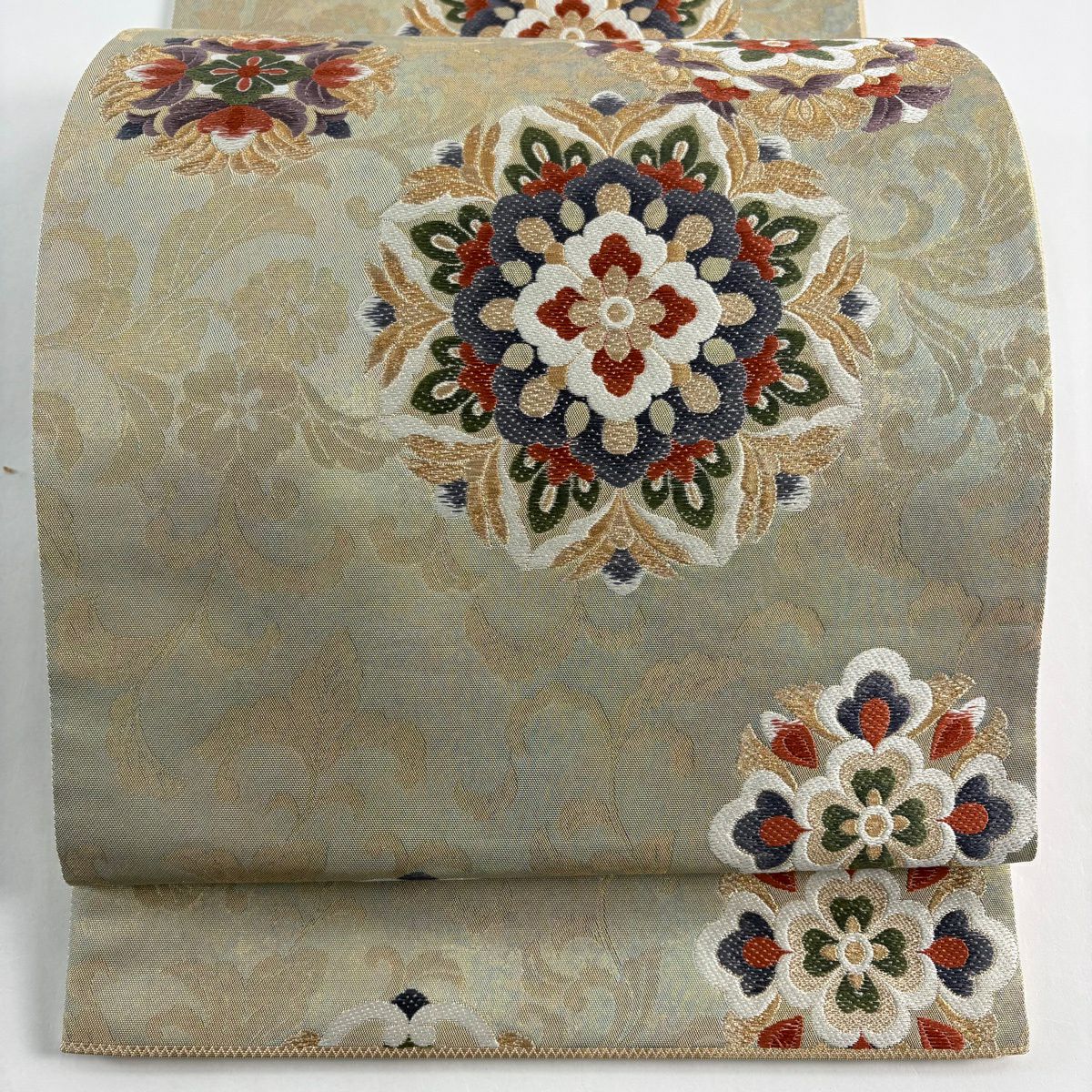 【美品】 袋帶 秀品級 關西仕立 雜文 草花紋刺繡 金絲 灰綠 六通 純蠶絲