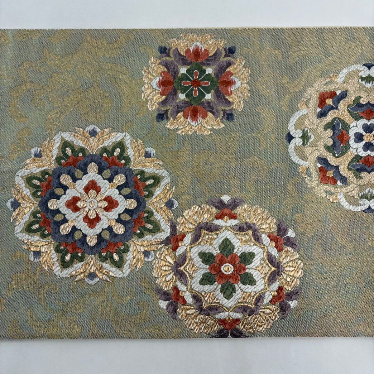 【美品】 袋帶 秀品級 關西仕立 雜文 草花紋刺繡 金絲 灰綠 六通 純蠶絲