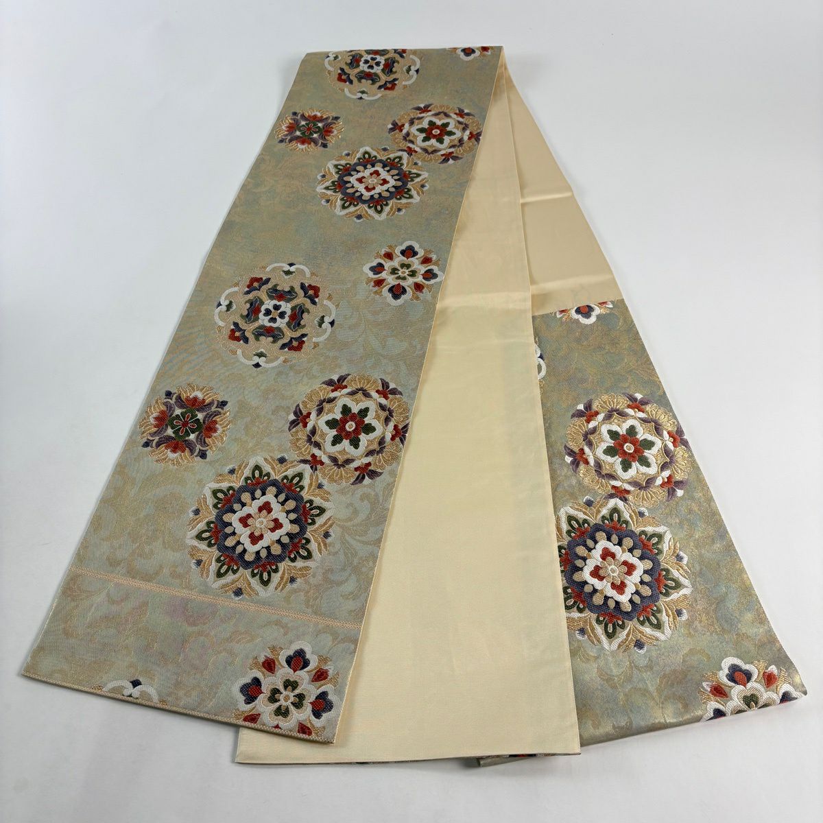 【美品】 袋帶 秀品級 關西仕立 雜文 草花紋刺繡 金絲 灰綠 六通 純蠶絲
