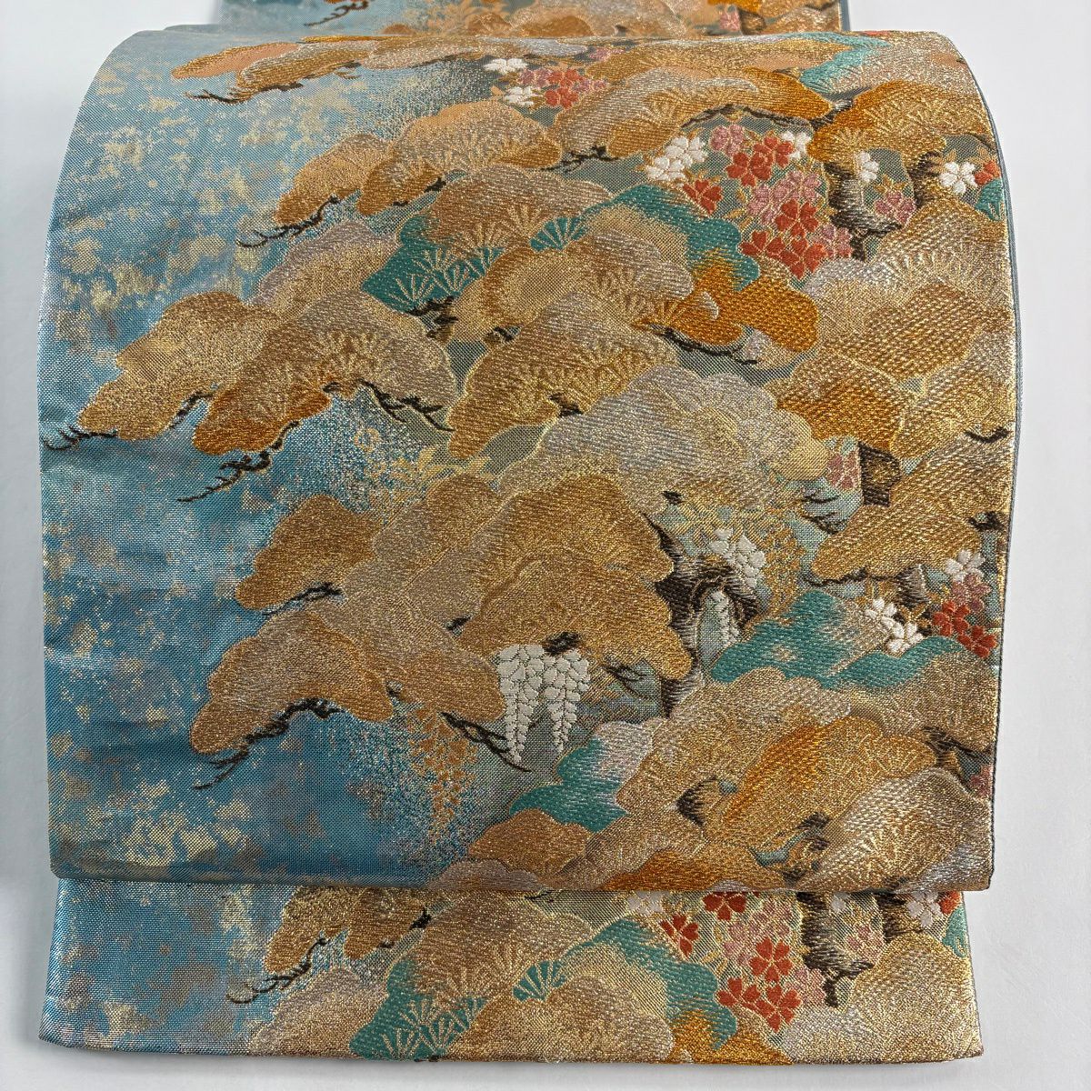 袋帶 秀品級 笠松樹 櫻花 金金箔 水藍 六通 純蠶絲