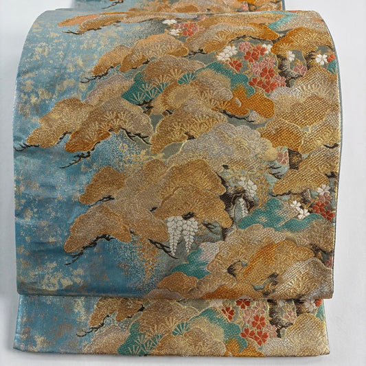 袋帶 秀品級 笠松樹 櫻花 金金箔 水藍 六通 純蠶絲