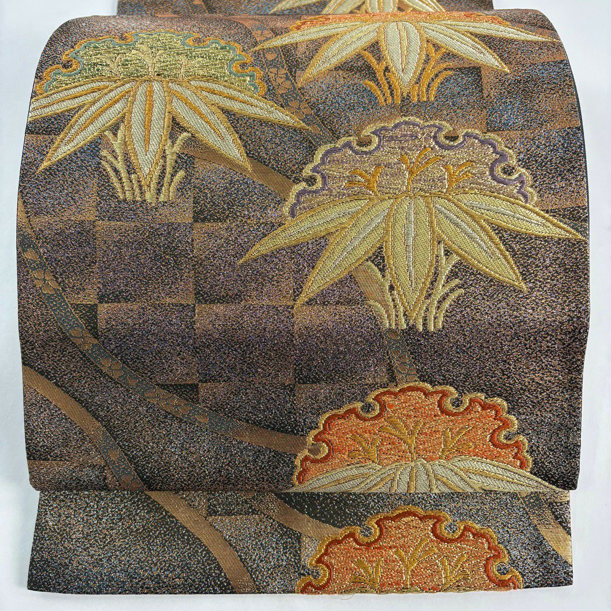 袋帶 秀品級 雪輪 笹 金絲 金金箔 金茶 六通 純蠶絲