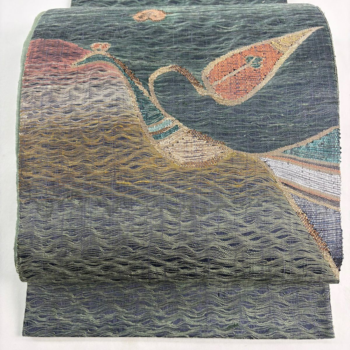 【美品】 袋帶 秀品級 鳥 金金箔 金絲 灰綠 お太鼓圖案 純蠶絲