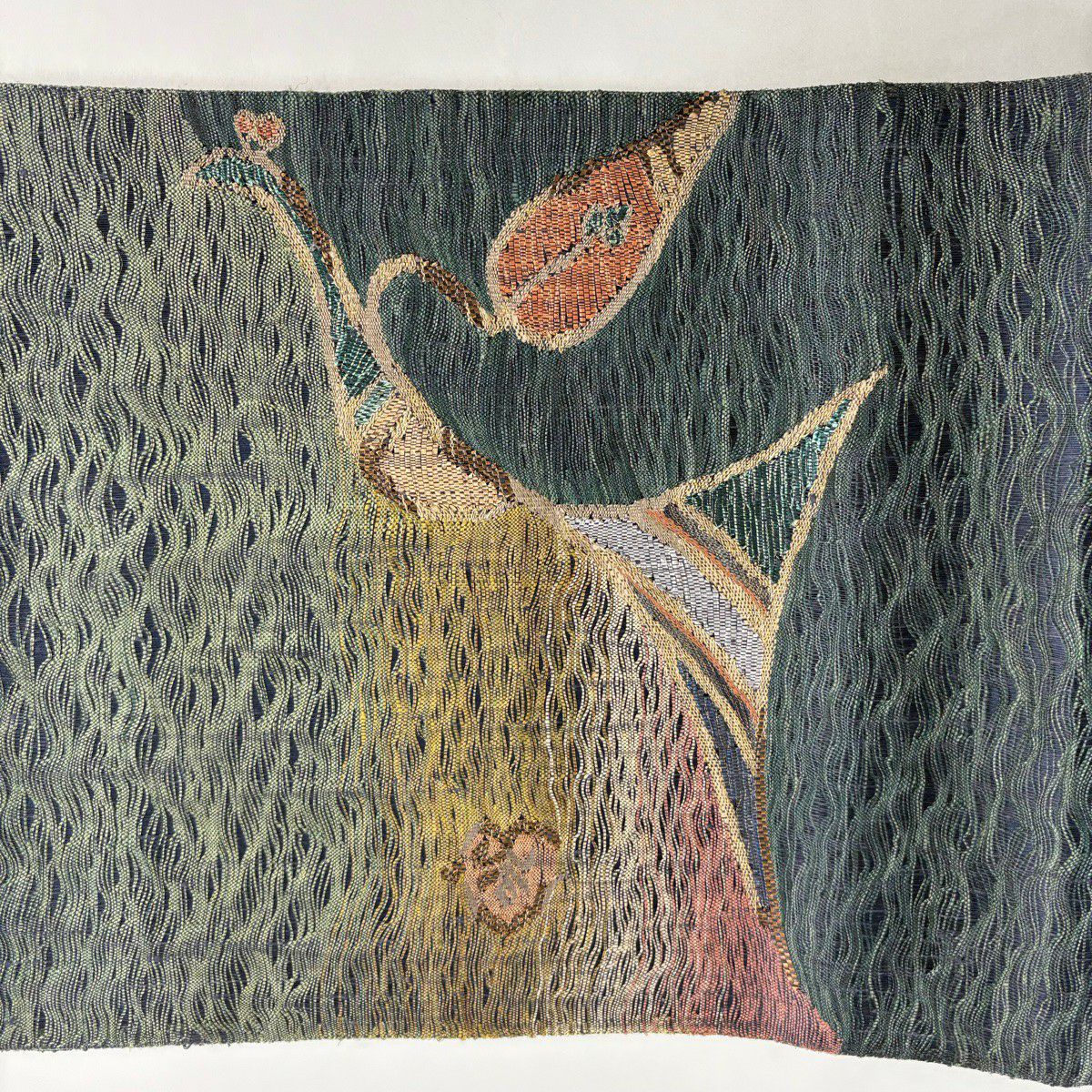 【美品】 袋帶 秀品級 鳥 金金箔 金絲 灰綠 お太鼓圖案 純蠶絲