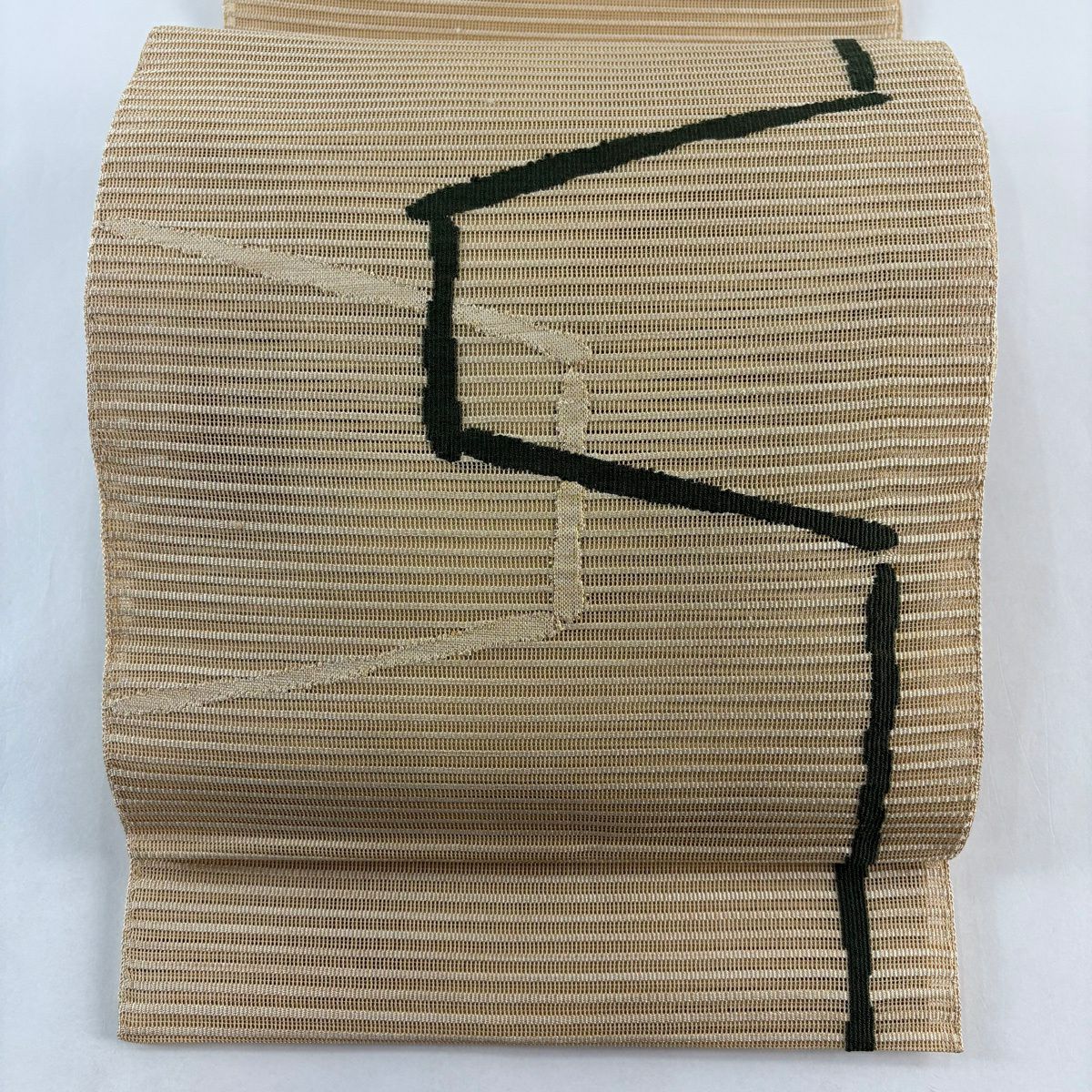 【美品】名古屋帶 秀品級 夏帶 八寸名古屋帶 松樹葉仕立 幾何學圖案 米色 純蠶絲