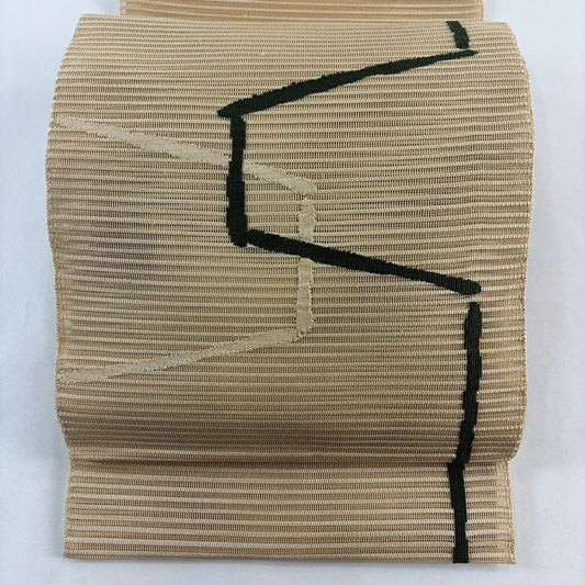【美品】名古屋帶 秀品級 夏帶 八寸名古屋帶 松樹葉仕立 幾何學圖案 米色 純蠶絲
