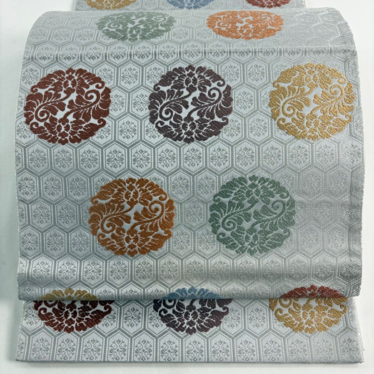 袋帶 秀品級 千壽錦 龜甲 葉紋 刺繡 灰 深藍 六通 純蠶絲