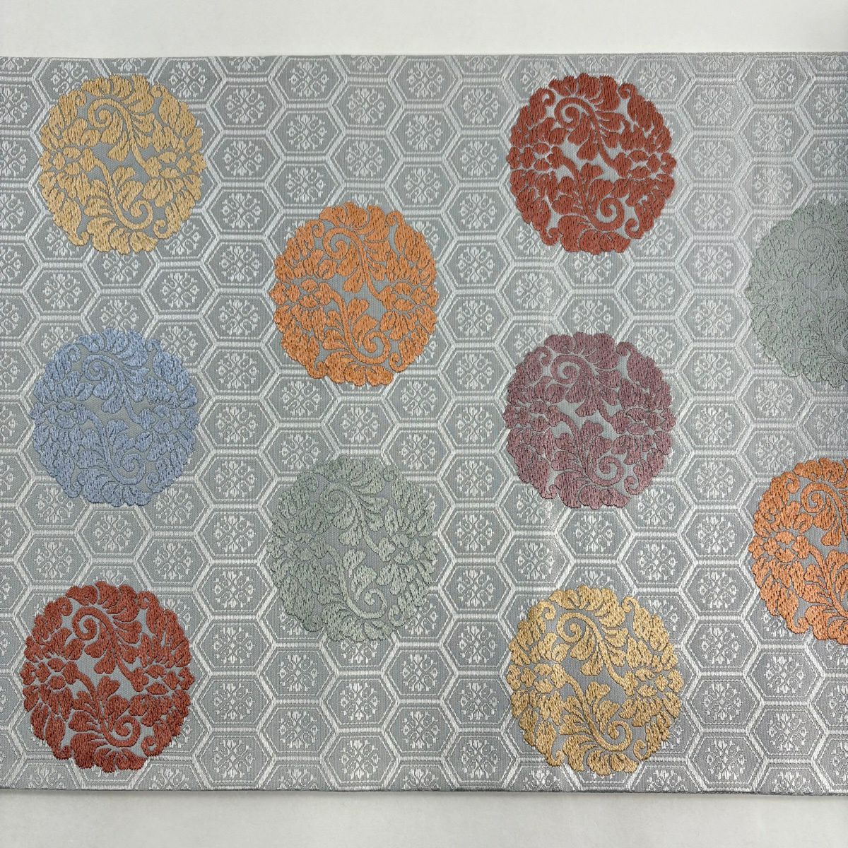袋帶 秀品級 千壽錦 龜甲 葉紋 刺繡 灰 深藍 六通 純蠶絲