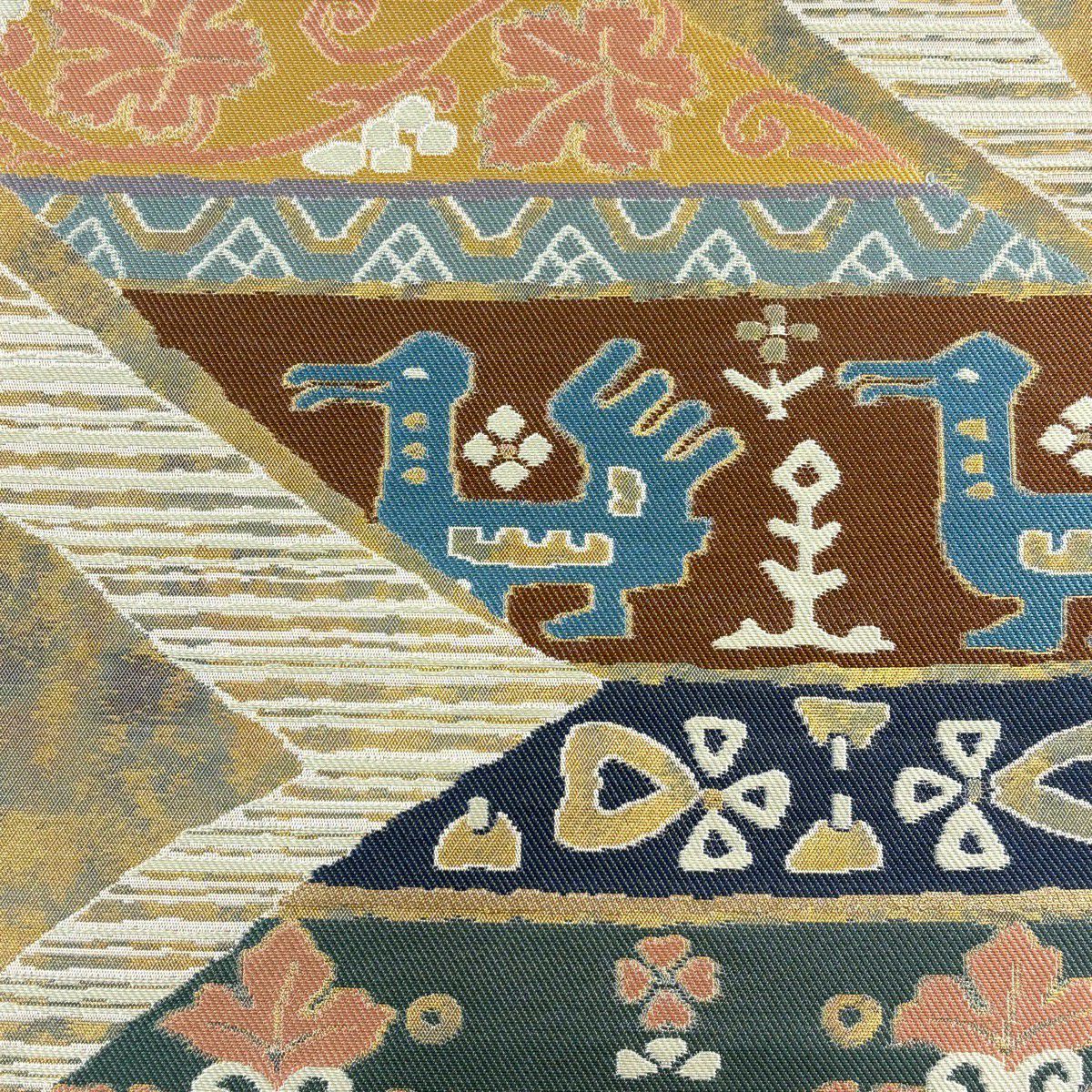 【美品】 袋帶 秀品級 服部織物 落款あり 琥珀錦 手工藝 鳥 草花紋紋 金金箔 金絲 金茶 六通 純蠶絲