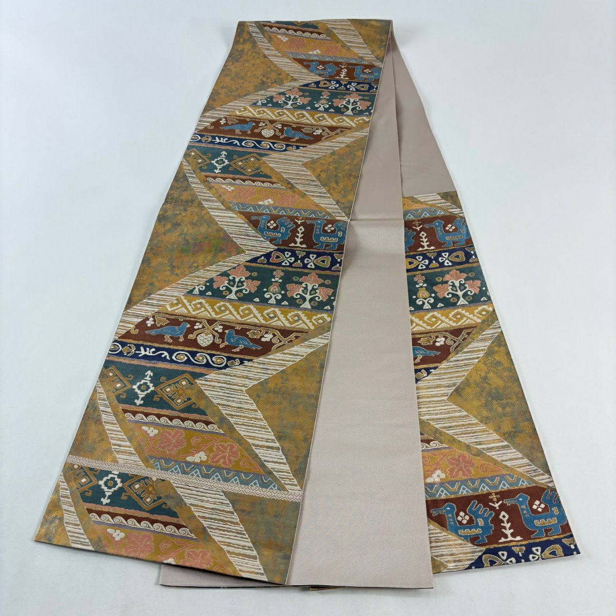 【美品】 袋帶 秀品級 服部織物 落款あり 琥珀錦 手工藝 鳥 草花紋紋 金金箔 金絲 金茶 六通 純蠶絲